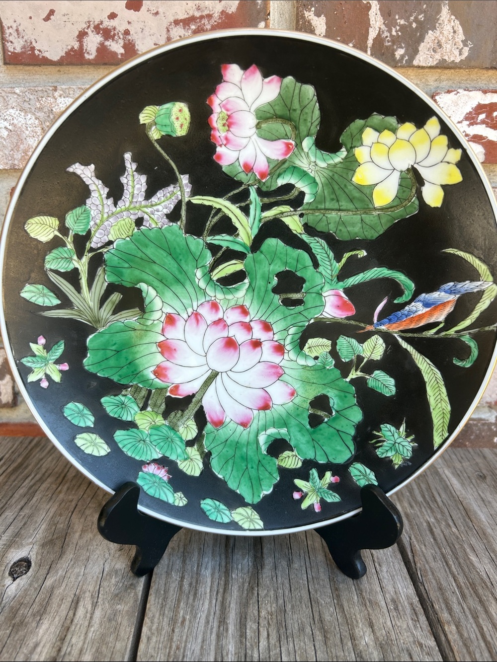 vintage Chinese porcelain plate featuring hand painted lotus pond small bird 10”